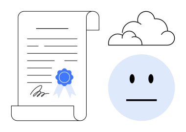 İmzalı, sertifikalı mühür, tarafsız bir yüz ve bir bulut. Sertifika, duygu, belirsizlik, profesyonellik, hava durumu ve uyum için ideal. Basit düz metafor