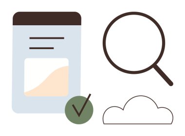 Metin ve grafik içeren belgeler, arama için büyüteç, depolama için bulut ve doğrulama için kontrol işareti. Analiz, organizasyon, araştırma, onay, bulut depolama doğrulaması için ideal