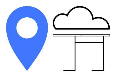 Sunucu üzerindeki bulut üzerindeki mavi iğne bulut depolama, yer belirleme ve dijital altyapıyı sembolize ediyor. Teknoloji, veri depolama, konum izleme, navigasyon, bağlantı, yazılım için ideal