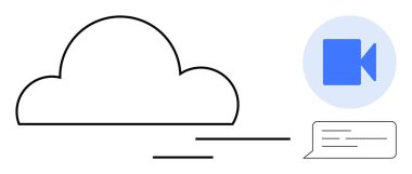 Bulut, bir video çağrı simgesi ve mesaj baloncuğunun yanında hareket çizgileriyle özetlendi. İşbirliği için ideal, iletişim, uzak çalışma, bulut hizmetleri, bağlantı, teknoloji, basit daire