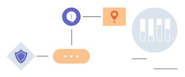 Soyut akış şeması kalkanı, bilgi simgesi, konum belirleyici ve bar şeması. Güvenlik, analitik, navigasyon, bilgi paylaşımı, yenilik süreci yönetim veri akışı için idealdir. Basit.