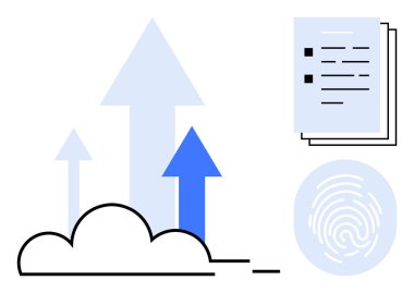 Yükselen oklar, doküman yığını ve veri büyümesi, depolama ve siber güvenlik taşıyan parmak izleri olan bulutlar. Teknoloji, veri koruması, bulut hesaplaması, büyüme dijital için ideal
