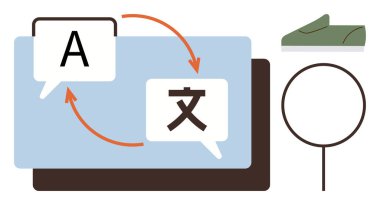 Harfleri ve okları olan konuşma baloncukları dijital ekranda gösterilen diller arasındaki değişimi gösteriyor. İletişim, çeviri, küreselleşme, eğitim, teknoloji, dil eğitimi için ideal