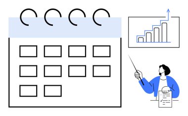 Takvim çizelgesine yükselen bir bar çizelgesi ve verilere bakan bir kişi eşlik ediyor. Zamanlama, zaman yönetimi, hedef belirleme, iş stratejisi, üretkenlik, sunum, basit düz