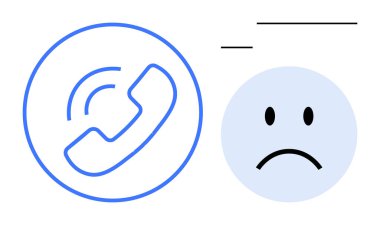 İletişim sorunları. Bir telefon çağrısı sembolü ve üzgün yüz iletişim sorunları veya bağlantı sorunları gösteren minimalist bir vektör. Telekom, müşteri desteği, ilişkiler, psikoloji veya