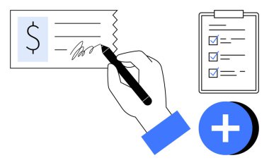 Finansal işlem konsepti. Çek imzalayan bir el, görev organizasyonu için kontrol listesi ve seçenekler için bir ekleme sembolü. Mali işlem araçları, muhasebe, işletme yönetimi, verimlilik