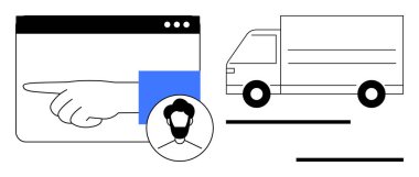 Ekran noktalarından dağıtım kamyonuna doğru uzanan el, kullanıcı profili daire şeklinde. Çevrimiçi alışveriş, dağıtım hizmetleri, lojistik, e-ticaret, müşteri etkileşimi, dijital platformlar, uzaktan kumanda