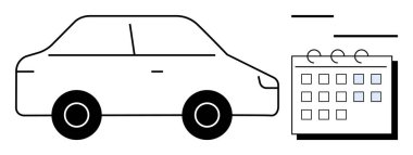 Planlama, rezervasyon ve programları simgeleyen işaretli tarihli bir takvimin yanına park edilmiş bir araba. Ulaşım, seyahat, kiralama, zaman yönetimi, organizasyon, lojistik ve üretkenlik için ideal