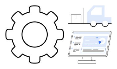 Analizi gösteren bilgisayar monitörünün yanında bir kargo kamyonu ve kargo kutusu olan büyük bir ekipman. Lojistik, tedarik zinciri, teknoloji, süreç optimizasyonu, e-ticaret, otomasyon, verimlilik için ideal