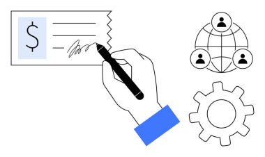 Finansal bir çekin el imzalanması, insanları birbirine bağlayan küresel bir ağ ve işbirliği ve sistemleri gösteren dişliler. Finans, takım çalışması, küresel bağlantılar, üretkenlik, strateji, işlemler için ideal