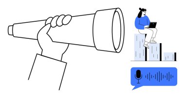 Aramak için bir teleskop tutan bir kadın, analizi sembolize eden bir dizüstü bilgisayarla bir bar grafiğinde oturan bir kadın, iletişim için sesli mesaj ikonu. Araştırma, strateji, veri, teknoloji, büyüme için ideal