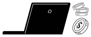 Bir yığın madeni para ve dolar temalı para içeren dizüstü bilgisayar, çevrimiçi iş, e-ticaret, uzaktan çalışma, mali yönetim, dijital ödemeler, gelir ve ekonomik büyümeyi sembolize ediyor. Basit bir daire için ideal