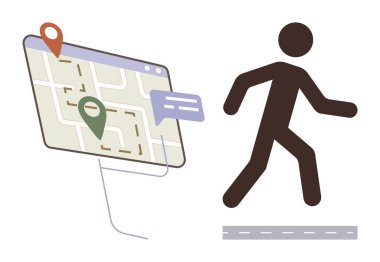 Yürürken yanında yol haritası, işaretleyiciler ve konuşma balonu olan dijital bir harita. Seyahat, navigasyon, uygulamalar, şehir planlaması, keşif teslimatı için ideal. Basit düz metafor