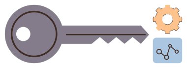 Anahtar ve eşlik eden ekipman ve ağ simgeleri güvenlik, erişim, bağlantı, yenilik, problem çözme ve teknolojiyi temsil eder. Dijital güvenlik, otomasyon ve sistem entegrasyonu için ideal