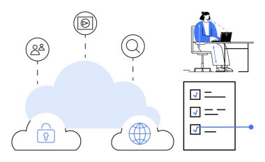Bulut hesaplama konsepti. Bulut teknolojisi veri güvenliğini, küresel ağı ve uzaktan çalışma çözümlerini gösteriyor. Bulut hesaplama ağı çevrimiçi depolama ve uzak işbirliği. IT, veri