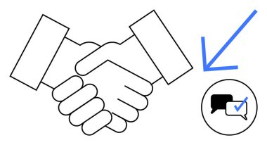 İki el, onay işareti olan bir iletişim ikonunun yanında anlaşmayı sembolize ediyor. Ortaklık, işbirliği, anlaşma, iletişim, güven, onaylama için ideal