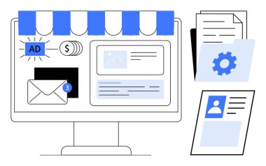 Dijital pazarlama konsepti. E-ticaret, bildiriler ve belge yönetimi için dijital pazarlama araçları. Dijital pazarlama online iş verimliliğini arttırıyor. Perakende, iş ve içerik için