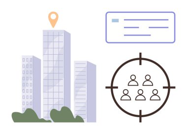 Konum işaretli şehir gökdelenleri, mesaj baloncukları, ve hedef kitlesine odaklan. Pazarlama, hedef kitle, iş büyümesi, kentsel planlama, iletişim analizi için ideal. Temiz.