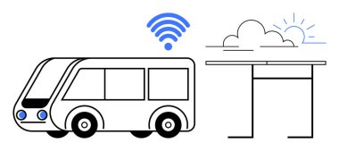 Minimalist bulutlar ve güneş simgeleriyle dolu kablosuz otobüs durağının yanındaki elektrik otobüsü. Toplu taşıma için ideal, sürdürülebilirlik, kolaylık, bağlantı, yenilik, hareketlilik, temiz enerji. Basit.