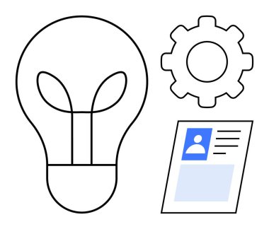 Kimlik yönetimi konsepti. Yenilik için bir ampulün grafikleri, mekanizma için teçhizat ve kimlik sistemleri için kimlik kartı. Teknoloji, markalaşma, güvenlik, süreçler ve işletmeler için kimlik tasarımı