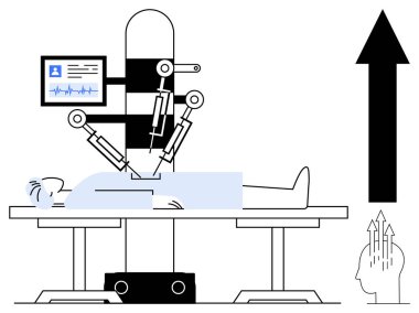 Robot cerrahi. Tıbbi prosedürlerde ve hasta bakımında hassasiyeti destekleyen robot sistemler. Robot cerrahi, sağlık hizmetlerinin yeniliğini geliştiriyor. Tıbbi teknoloji, sağlık ve teknoloji kavramları için.
