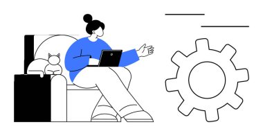 Kanepede dizüstü bilgisayarı olan bir kadın, hareketli hareketler yapıyor ve yakınlarda bir kedi var. Büyük teçhizat takım çalışması, yenilik ve sistem tasarımını temsil eder. Takım çalışması için ideal, uzak çalışma, üretkenlik