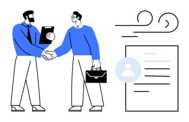 İki profesyonel el sıkışıyor, biri pano ile, görünürde devam ediyor. İşe alım, insan kaynakları, işbirliği, kariyer büyümesi, iş başarısı profesyonel anlaşmalar için idealdir. Basit düz