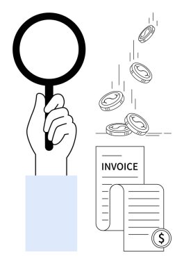 El ele tutuşan büyüteç, aşağıdaki faturayı kontrol ediyor ve bozuk paralar dökülüyor. Finans, muhasebe, gider takibi, vergi hesapları, denetimler, ödeme yönetimi için ideal, basit düz metafor