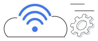 Kablosuz sinyal dalgaları olan bulut, teknoloji ve bütünleşmeyi sembolize eden vites biçimi. Bulut hesaplama, veri transferi, otomasyon, dijital dönüşüm, bağlantı, yenilik için ideal