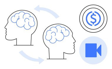 Oklarla birbirine bağlı iki beyin, bir dolar işareti ve kamera ikonunun yanı sıra bilgi paylaşımını simgeler. İşbirliği, eğitim, yenilik, bağlantı, iletişim, sanal araçlar için ideal