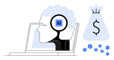 Bilgisayarda para çantası sembolü ve ağ bağlantıları olan dijital yapay zeka. Teknoloji için ideal, yapay zeka, finansal büyüme, makine öğrenme, yenilik, iş