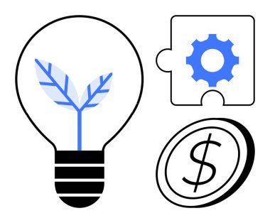 Ekolojik yeniliği sembolize eden bitkili ampul, işbirliği için dişli bulmaca, finans için para. Sürdürülebilirlik, enerji, yenilik, strateji, yeşil finans, basit takım çalışması için ideal