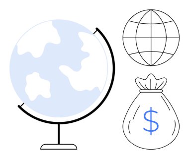 Kürsüye çıkan dünya küresi, minimalist şebeke küresi ve finans, ticaret, yatırım, küreselleşme, ekonomik büyüme, uluslararası ticaret ve sürdürülebilirlik için para çantası illüstrasyonu. Modern daire