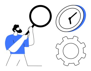 Elinde büyüteç tutan kişi zaman kavramlarını, verimliliği ve optimizasyonu inceliyor. İş analizi, verimlilik, zaman yönetimi, araştırma, problem çözme, kesinlik için ideal