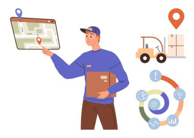 Elinde bir paket olan kargo işçisi dijital haritadaki yerini gösteriyor. Çevreleyen görüntüler arasında kutuların yanında bir forklift, bir konum belirleyici ve istatistik dairesi bilgisi yer alıyor. İdeal