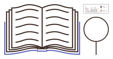 Büyüteç ve veri tablosunun yanında metin satırları olan açık bir kitap. Araştırma, öğrenim, eğitim, araştırma, öğrenim, sunum, bilgi, basit düz metafor