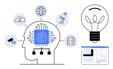 Entegre devreli insan kafası silueti yapay zeka, teknoloji ikonları ve ampul. Yapay zeka, yenilik, IOT, otomasyon siber güvenlik veri depolama akıllı teknoloji temaları için idealdir. Basit düz metafor