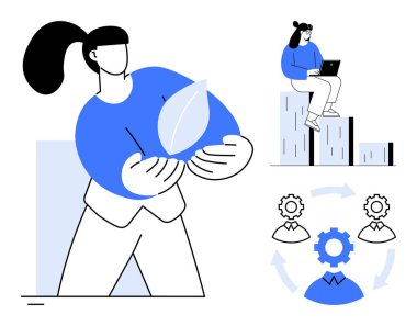 Sürdürülebilirliği simgeleyen yaprak tutan kadın, büyüme gösteren insan ve takım çalışmasını temsil eden dairesel dişli bağlantılar. Çevre, iş, büyüme, takım çalışması ve liderlik için ideal