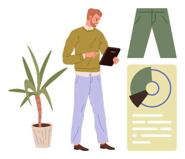 Tablet tutan adam, saksı bitkisinin yakınındaki verileri analiz eden, pantolon diyagramı, bilgi grafiği. Teknoloji, yaşam tarzı, moda, verimlilik, analiz pazarlaması için ideal basit düz metafor