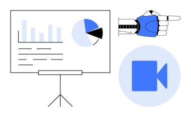 Robotik el, analitik çizelgeye çubuk ve pasta grafikleriyle bakıyor. Yanında da video simgesi var. Yapay zeka, teknoloji, veri analizi, makine öğrenimi, multimedya, iş zekası modern yenilik için idealdir. A