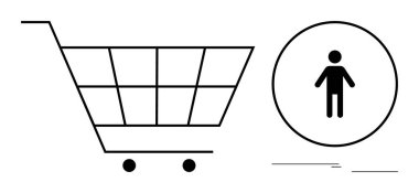 İçinde insan figürü olan bir dairenin yanındaki alışveriş arabasının taslağı. Perakende satış, müşteri davranışları, e-ticaret, karar verme stratejisi, iş stratejisi, pazarlama, tüketici ilişkileri için ideal. Basit düz