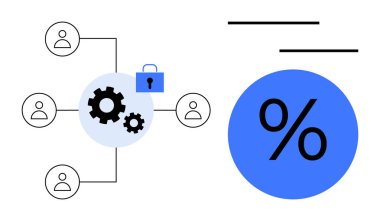 Güvenlik kilidi, takım çalışması, işlevsellik ve veri korumasına sahip dişliler etrafındaki kullanıcı simgeleri. Büyük yüzdelik işareti ölçümleri, analizleri ve büyümeyi vurguluyor. İşbirliği için ideal