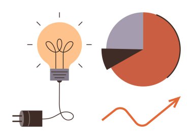 Fişe takılı ampul, segmentli pasta grafiği ve yükselen ok enerji, içgörü, ilerleme, işbirliği, yenilik, analitik ve büyüme kavramlarını simgeler. İş planlaması ve ilerleme için ideal