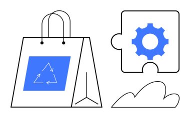 Geri dönüşüm sembollü alışveriş torbası, dişli bulmaca parçası ve bulut simgesi. Sürdürülebilirlik, alışveriş, takım çalışması, problem çözme, ekolojik bilinç yeniliği ve işbirliği için ideal. Modern daire