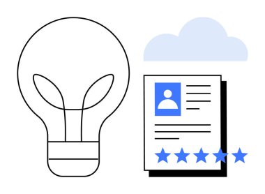 Yeniliği temsil eden ampul, fotoğraf ve beş yıldızlı profil belgesi ve bulut. HR, askere alma, kişisel markalaşma, kariyer büyümesi, değerlendirme, değerlendirme ve yaratıcılık konuları için ideal