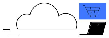 Bulut simgesi dijital alışveriş arabası ve dizüstü bilgisayarı birbirine bağlıyor, e-ticareti, veri depolamayı ve bağlantıyı sembolize ediyor. Teknoloji, perakende, ağ, çevrimiçi iş, yenilik iletişimi için ideal