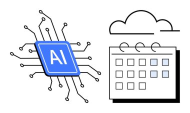 Yapay zeka yazıları ve devreleri olan mikroçip takvim ve bulut teknolojiyi, otomasyonu ve organizasyonu sembolize ediyor. Yapay zeka, teknoloji, veri, zamanlama, yenilik, bulut verimliliği için ideal