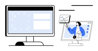 Veri analiz konsepti. Sunumlar için bilgisayar ekranlarında veri görselleştirmesi gösterildi. Çevrimiçi eğitim, iş raporları ve işbirliği projeleri için veri analizi. E-öğrenim için, veri