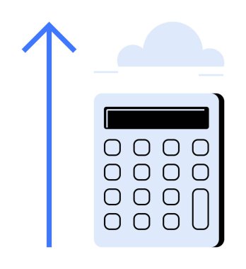 Yukarı doğru ok ve bulutun altındaki hesap makinesi, büyümeyi, bulut entegrasyonunu ve dijital ilerlemeyi öneriyor. Finans, teknoloji, yenilik, bulut hesaplama, analitik iş verimliliği için ideal