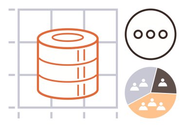 Veritabanı yığını istatistiksel segmentasyon turtası ve seçenekler menüsü ile ızgara grafiği üzerinde. Veri analizi, istatistik, veritabanı yönetimi, teknik çözümler, iş anlayışı, dijital pazarlama, basit